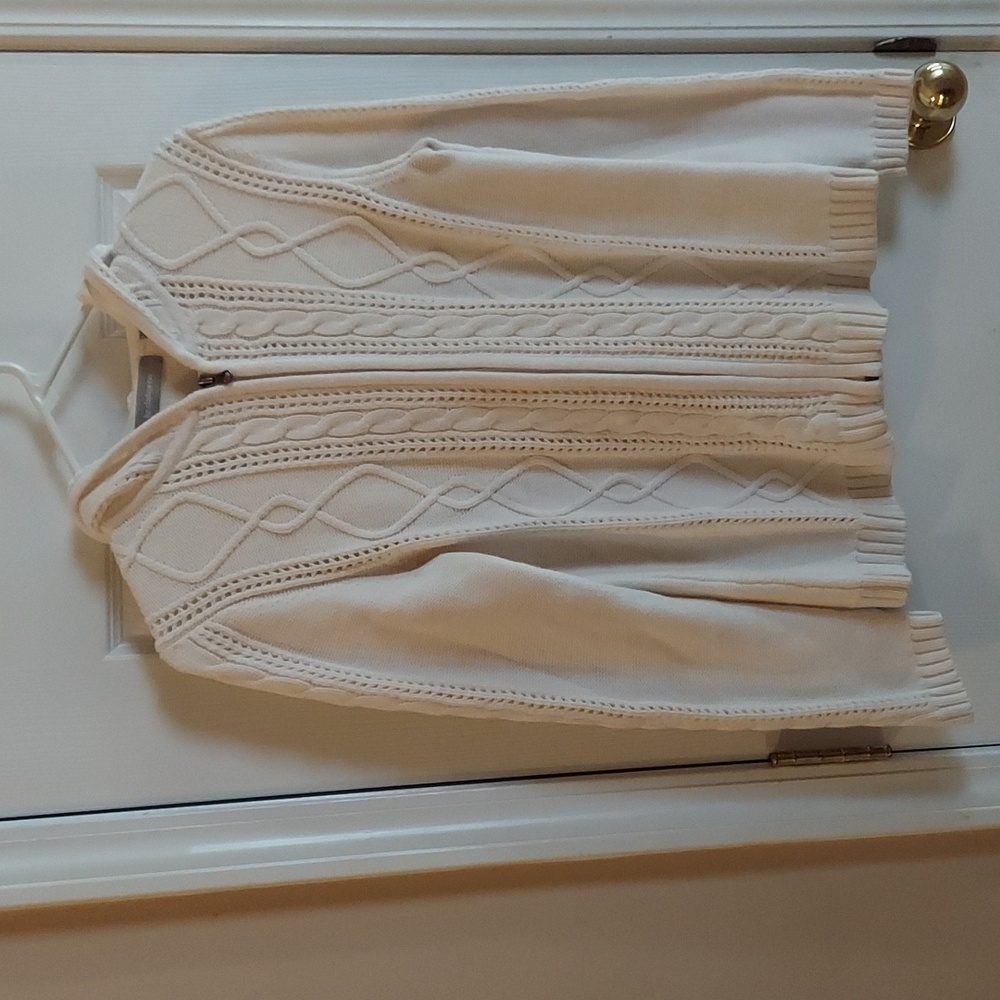 Y2k Liz Claiborne Cotton Cable Knit Zip Hoodie Sweater CREME MED 34" LIKE NEW!